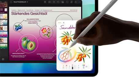 iPad Pro, Vorderseite, das Display zeigt einen Hintergrund mit dunkelblauem und grünem Farbverlauf und mehrere geöffnete Apps, eine Hand hält den Apple Pencil Pro und kreist eine Skizze ein, die das Apple Intelligence Feature „Bildkreation“ zeigt