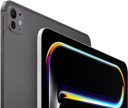 iPad Pro, Rückseite, Farbe Space Schwarz, Lautstärketasten und Pro Kamera-System, iPad Pro, Vorderseite, Farbe Silber, gerundete Ecken, schwarzer Displayrand, Display mit schwarzem Hintergrund und mehrfarbigen abstrakten Linienzeichnungen