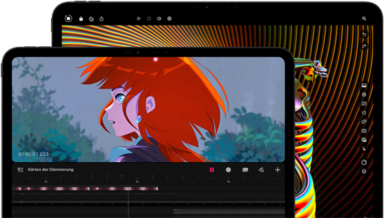 Ein 13" und ein 11" iPad Pro, Vorderansicht, Querformat, Farbe Space Schwarz, gerundete Ecken, schwarzer Displayrand, das 11" Display zeigt das brillante Bild einer Person mit roten Haaren, das 13" Display zeigt bunte Elemente der Bildbearbeitungsoberfläche