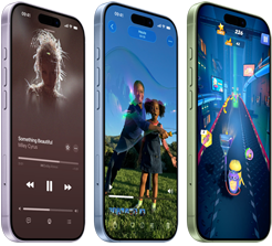 iPhone 17 Geräte, Vorderseite, Seitenansicht, zeigen Apple Music, Videowiedergabe, Gaming, Tasten: Actiontaste, Lautstärke