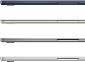 Vier MacBook Air Laptops in den erhältlichen Farben: Mitternacht, Polarstern, Space Grau und Silber