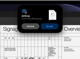 Das Display zeigt die Dynamic Island mit einer AirDrop Anfrage in einem kleinen Fenster über einer geöffneten Adobe Acrobat Datei