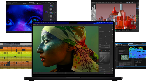 Verschiedene bunte Inhalte auf dem Display aus Apps für Musikproduktion, Videoschnitt, 3D Animation und Fotobearbeitung auf dem Mac, die eine leistungsstarke Grafikperformance demonstrieren