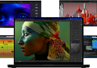 Verschiedene bunte Inhalte auf dem Display aus Apps für Musikproduktion, Videoschnitt, 3D Animation und Fotobearbeitung auf dem Mac, die eine leistungsstarke Grafikperformance demonstrieren